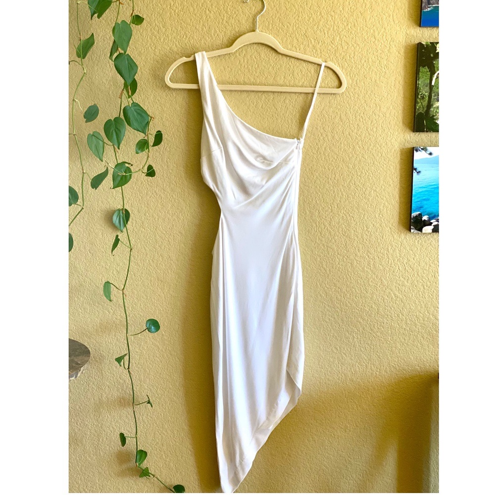 Bebe asymmetric one shoulder white dress